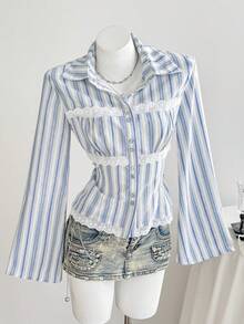 Comfortcana Áo sơ mi dài tay kẻ sọc viền ren thời trang thu đông 2025 dành cho nữ, áo kiểu thanh lịch cho nữ dịp Giáng sinh và năm mới, áo kiểu thường ngày cho nữ, áo kiểu thanh lịch cho nữ dịp Giáng sinh, áo sơ mi xanh trắng, áo sơ mi kẻ sọc xanh. - Nhiều màu - Xem 3