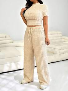 Solflare 2 件套大码春夏休闲修身褶皱纹理印花裤和短袖 T 恤套装 - 杏色 - 查看 5