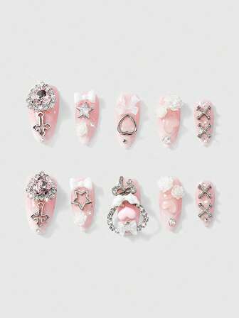 Kawaii 10 Stücke süßer Stil Schleife Liebe Rose Stern Element Künstliche Nägel + 3 Stücke doppelseitiges Klebeband, Y2K Stil Diamant Rosa Farbverlauf handbemalte abnehmbare mittelgroße mandelförmige Tragenägel, geeignet für Partys, Tänze und den täglichen Gebrauch.