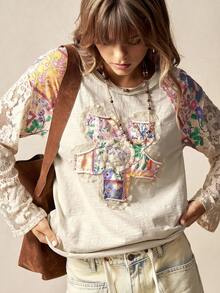 Bohemela Áo thun nữ Boho Thu/Đông/Xuân kiểu vintage, chất liệu dệt kim trơn màu phối ren hoa văn Paisley, cổ tròn, tay dài, dáng rộng, thích hợp cho kỳ nghỉ, đi xem hòa nhạc, đi nghỉ mát, đi học, Giáng sinh và Năm mới. - Màu be - Xem 4