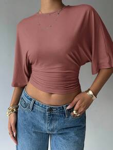 Aloruh 女士休闲纯色短款腰部T恤 - 粉色 - 查看 7
