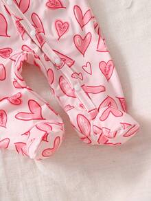 Newborn Baby Pajamas-2 Pieces Pajama Set Footed Sleeper Hearts Print Pink Red Round Neck Long Sleeve Snap Front With Matching Headband One Piece Pajamas Easy Diaper Changes Soft Stretch Year Round Holiday 2026 Must Have Gift - Baby Pink - View 5