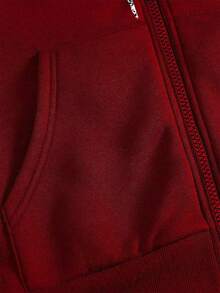 ROMWE MEN 男士哥特印花拉链抽绳连帽卫衣 - 酒紅色 - 查看 4