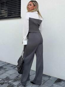 Jeta Ari Casual And Elegant Apricot Imitation Linen Patchwork Shirt And Loose Straight Suit Pants Two Pieces Suit For Women / Fall Women Clothes / Commuting Wear / Teacher Clothing / Back To School Season / Old Money / Business Casual Woman / Office Attire For Women - Grey - View 2