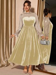 Cravure 大码女式网纱天鹅绒优雅泡泡袖连衣裙，收腰设计，适合派对穿着 - 杏色 - 查看 4