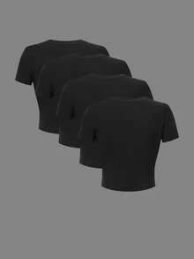 4件套少女纯色短袖T恤，黑色，可叠穿或单穿，休闲时尚 - 黑色 - 查看 2