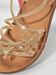 Mini mi #ButterflyBloom Girls' Rhinestone Butterfly Elastic Back Strap Gold Multi-Strap Sandals – Sparkly, Flexible & Comfortable. - Gold - View 4