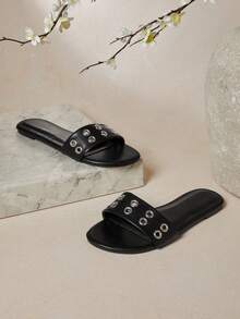 SHUZIA Giày sandal đế bằng đính lỗ kim loại thời trang thoải mái cho nữ - màu đen - Xem 2