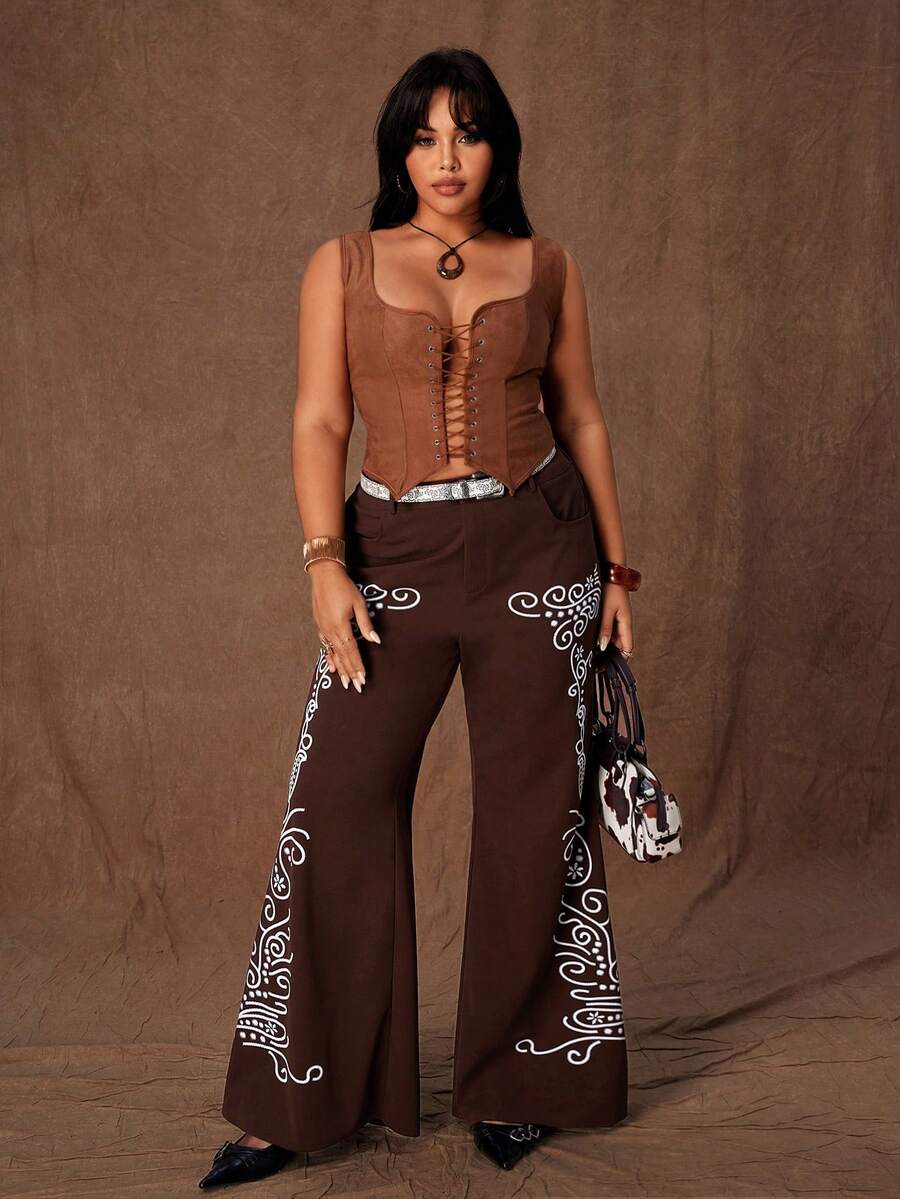 Rustia Plus Size Women Elastic Waist Faux Embroidery Print Casual Flare Pants - Rust Brown - View 1