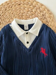 可爱撞色翻领长袖卫衣和松紧腰裤套装，适合男婴（2 件套），秋冬季，纹理卫衣 Polo 衫和裤子两件套，上下装二合一，休闲居家外出套装。 - 彩色 - 查看 4
