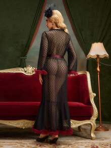 PinupPomp Black Diamond Mesh Lace See-Through Burgundy 3D Mesh Waist Belt Long Crafted Robe Style - Black - View 3