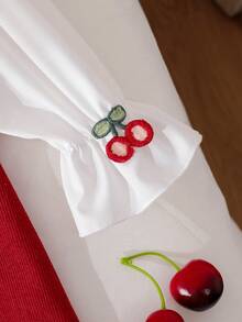 Đầm suông dài tay cổ tròn ren trắng họa tiết quả anh đào 3D cho bé gái, thích hợp mặc dự tiệc, mặc hàng ngày, ngọt ngào và dễ thương, mùa xuân/thu - Đỏ - Xem 6