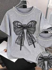 夏季新款时尚珍珠串珠蝴蝶结短袖休闲女T恤圆领重工点缀 - 淺灰色 - 查看 1