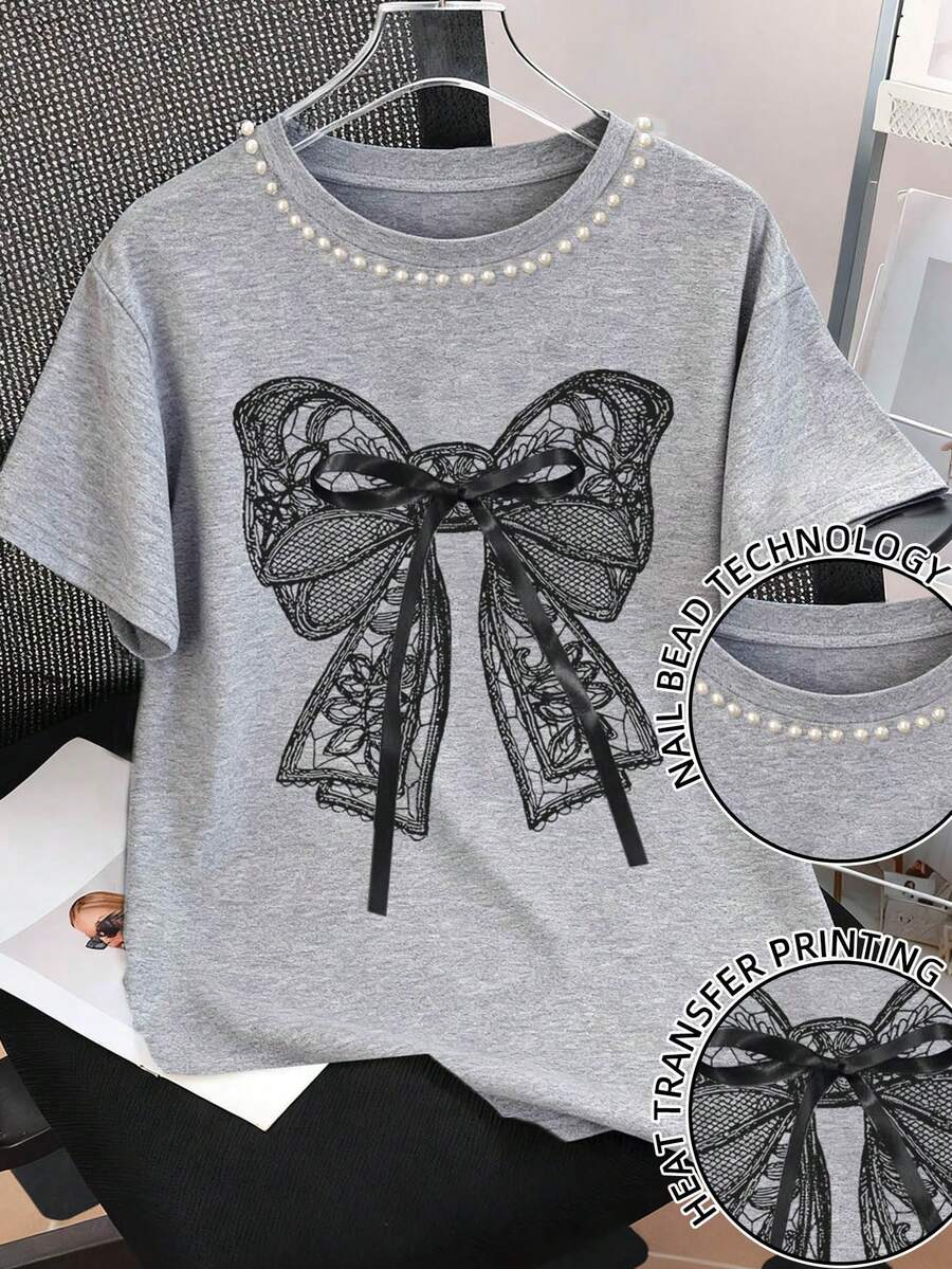 夏季新款时尚珍珠串珠蝴蝶结短袖休闲女T恤圆领重工点缀 - 淺灰色 - 查看 1
