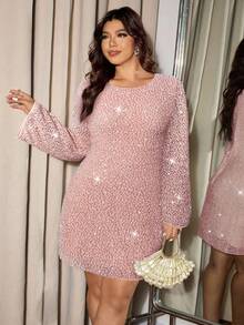 Elaquor 大码优雅派对亮片喇叭袖连衣裙 - 粉色 - 查看 1