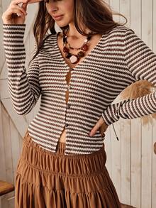 Wildy 女士休闲乡村风条纹长袖上衣，秋冬季日常百搭单品 - 彩色 - 查看 4