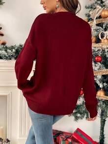 EMERY ROSE Letter Appliques Crew Neck Long Sleeve Sweater For New Year Clothes - Burgundy - View 2