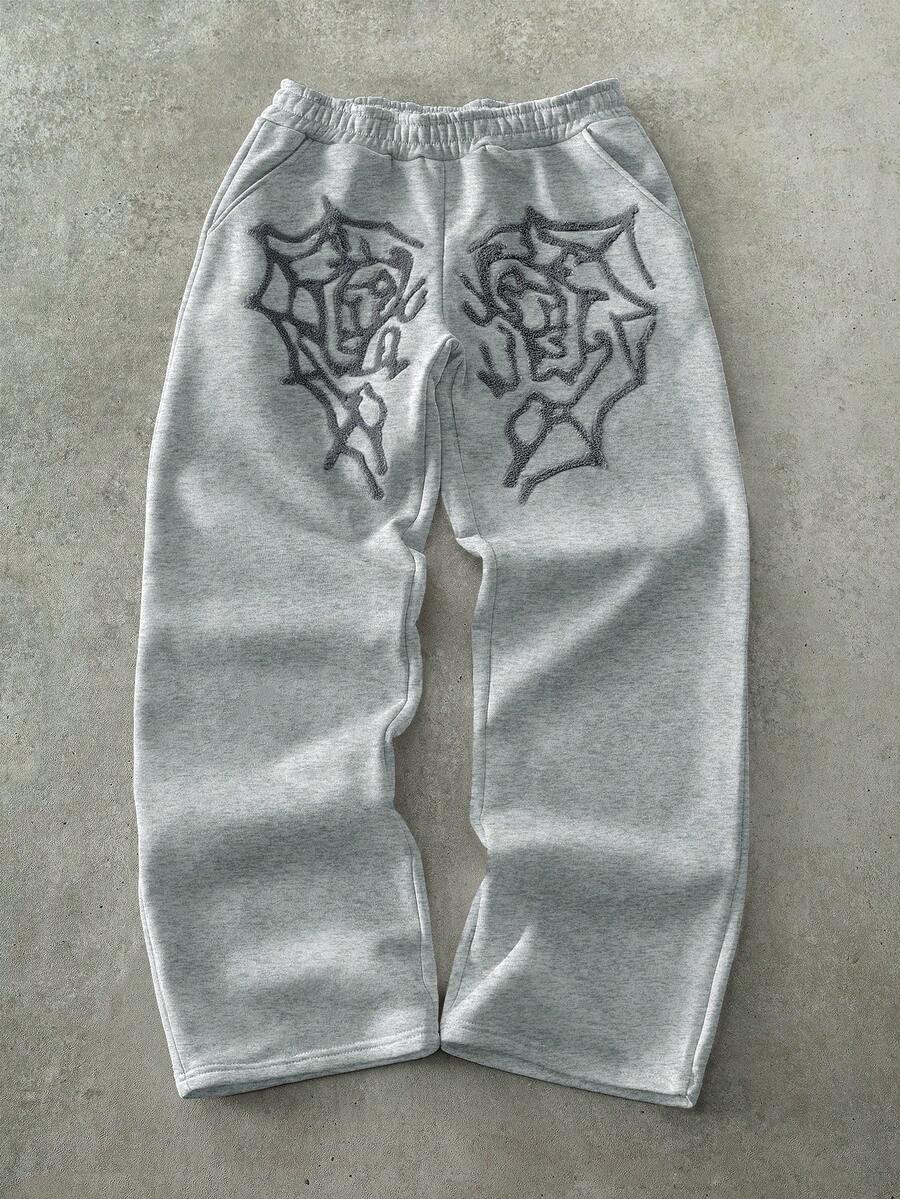 PAVTROS Pantalones de chándal de estilo callejero popular para hombres con tela de toalla con bordado de telaraña y corazón, corte holgado, color rosa, regalo ideal para novio/esposo, aniversario
