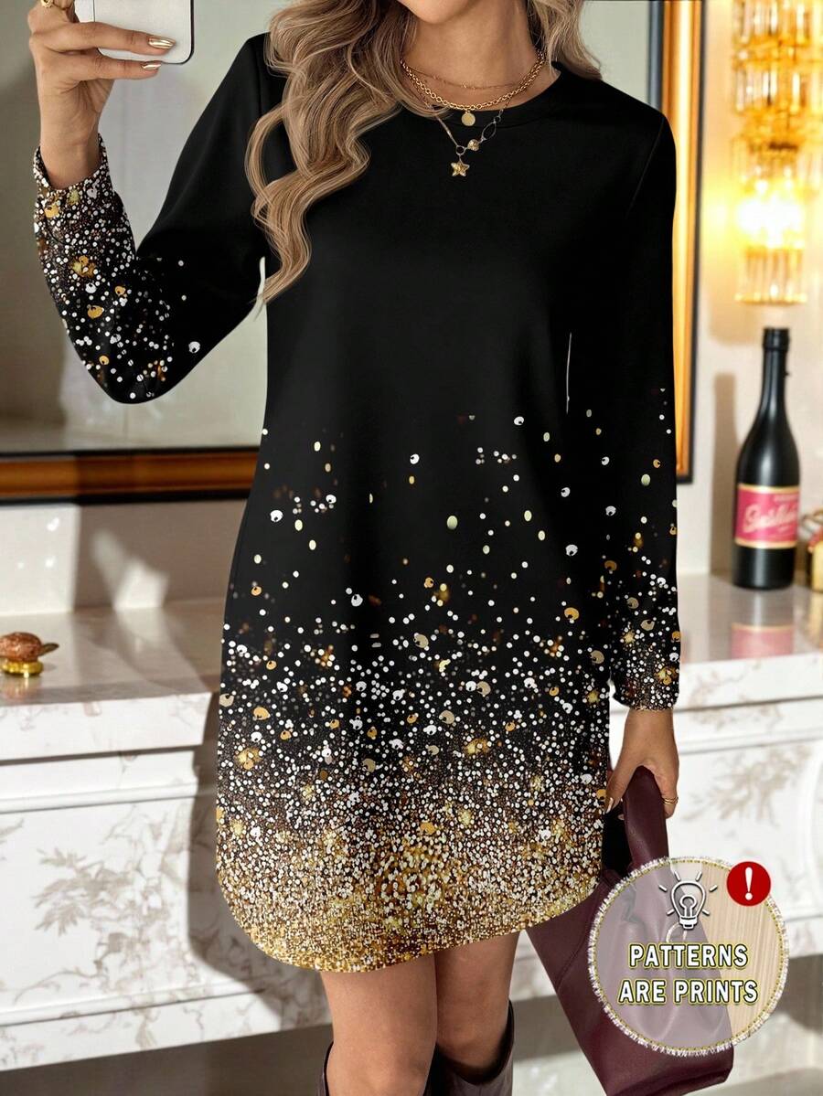 SHEIN LUNE Váy ngắn tay dài đính sequin lấp lánh đơn giản, giản dị dành cho nữ, thích hợp cho tiệc thu đông và năm mới - Nhiều màu - Xem 1