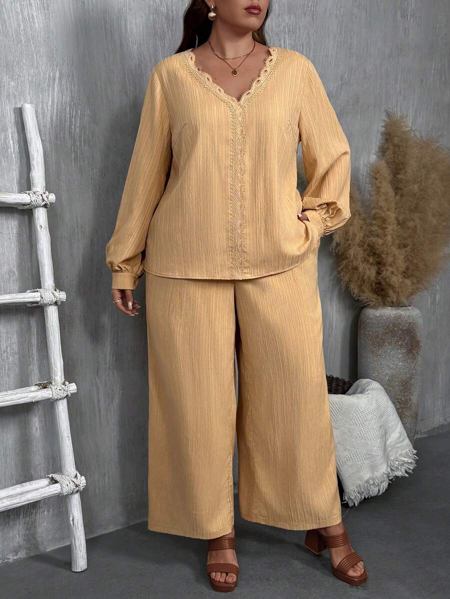 EMERY ROSE Plus Size Women V-Neck Floral Patchwork Solid Textured 2 Pieces Set, Spring/Autumn Casual Shirt And Wide Leg Pants, Suitable For Mature Casual Vacation - Khaki - View 1