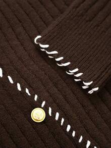 GlowEve Áo len nữ lệch vai màu nâu cà phê thiết kế bất đối xứng viền tương phản - Cà phê nâu - Xem 3