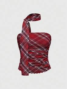ROMWE Grunge Punk 2 件 Y2K 复古格纹抹胸和格纹低腰鱼尾裙套装 - 紅色 - 查看 3