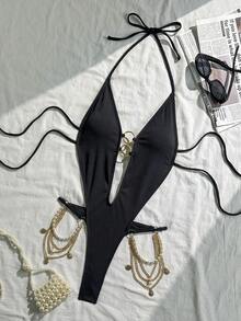 Swim SXY 女士新款性感纯色吊带V领镂空金属环露背吊带连体泳衣，春夏款 - 黑色 - 查看 5