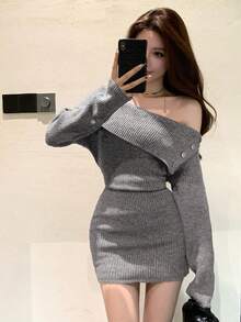 DAZY 休闲优雅超大翻领露肩不对称纽扣开衩迷你毛衣连衣裙，适合秋冬季穿着 - 灰色 - 查看 3