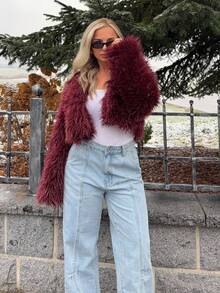Jeta Ari 女士时尚性感短款仿皮草大衣，秋冬新品 - 酒紅色 - 查看 1