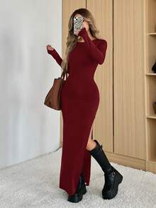 SHEIN EZwear 女士酒红色纯色休闲高开衩长袖露背长裙，性感修身高领街头风长裙，适合圣诞节、情人节穿着 - 酒紅色 - 查看 3