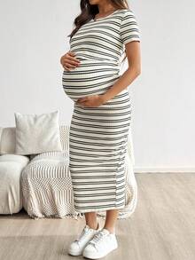 SHEIN Spring Outfit Women,Maternity Casual Striped Fitted Nursing Dress, Summer Outfits For Women , Summer Dresses,Casual Long Dresses,Summer Casual Everyday Striped Nursing Dress - Apricot - View 4