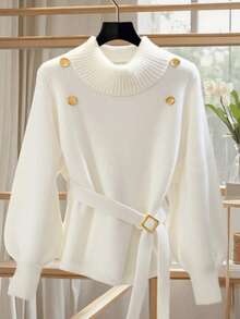 GlowEve 白色系带衬衫，金属扣装饰，日式人物扣领带，女士针织套头衫 - 白色 - 查看 1