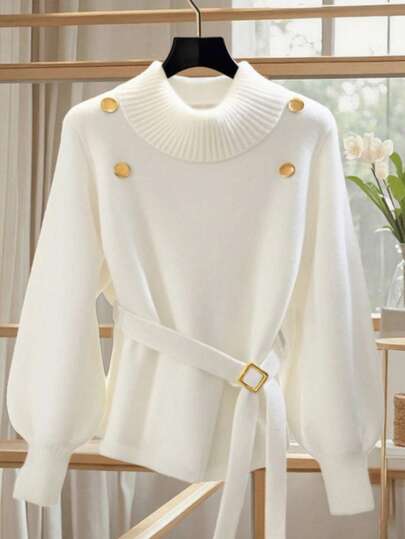 GlowEve 白色系带衬衫，金属扣装饰，日式人物扣领带，女士针织套头衫