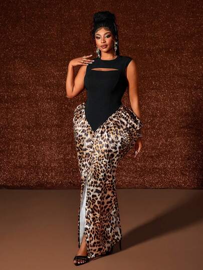 Maweii Vestido vintage sexy y elegante con estampado de leopardo sin mangas y calado para mujer de talla grande