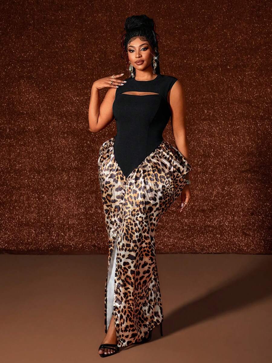 Maweii Vestido vintage sexy y elegante con estampado de leopardo sin mangas y calado para mujer de talla grande - Multicolor - Ver 1