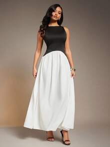 L'Amorae Women Color Block Midi Dress, Elegant Wedding Guest Date Night Outfit Valentines - Black and White - View 5