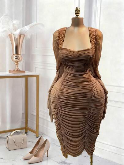Xyvia Women's Coffee Brown Mesh Fabric Draped Square Neck Ruched Fitted Bodycon Mini Dress, Sexy Design For Birthday, Date, Party, Cocktail, Music Festival, Independence Day, Singles' Day, Back To School, Halloween, Christmas, New Year, Travel, Autumn/Winter
