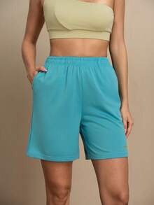 Menodora SHEIN Sport Quần short thể thao nữ cạp chun màu trơn có túi thường ngày - màu xanh lá - Xem 3