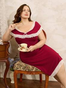Côtesoire Plus Size French Romantic Lace Off-Shoulder A-Line Nightgown - Rose Red - View 6