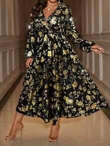 Cravure Women's V-Neck Waist Ruched Metallic Dress, Lantern Sleeve Random Print Belted Long Dress - Black - View 8