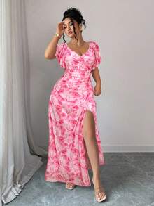 Elenzga Đầm nữ màu hồng in hoa, cổ chữ V, tay bồng, xếp ly, xẻ tà, thích hợp cho ngày Valentine, váy phù dâu thanh lịch cho đám cưới, tiệc tùng, lễ hội, phù hợp cho nhiều dịp khác nhau. - Hồng - Xem 5