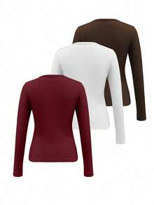 INAWLY Women's Plus Size V-Neck Ribbed Button Decor Daily Versatile Long Sleeve T-Shirt - Multicolor - View 2