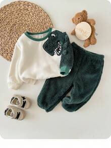 Cute Casual Cartoon Pattern Plush Sweatshirt Set For Baby Boys, Autumn And Winter Style, Dinosaur Cute Animal Element Plush Sweatshirt Set (2-Piece Set), Casual Everyday Sweatshirt Set. - Multicolor - View 5