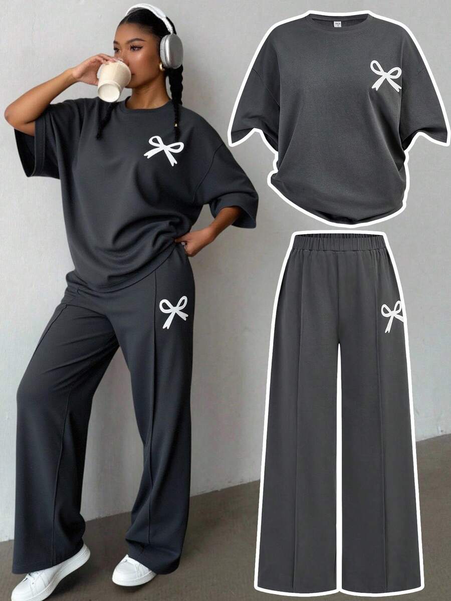 SHEIN Set de 2 piezas de suéter de cuello redondo holgado de punto con estampado de mariposa y shorts para adolescentes, adecuado para uso diario, regreso a clases, vacaciones, picnic familiar al aire libre en primavera - Gris Oscuro - Ver 1