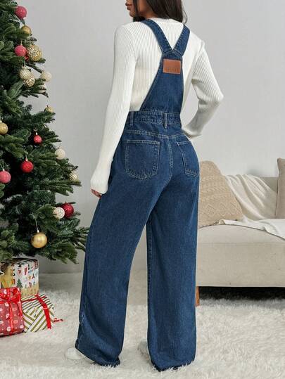 SHEIN PETITE Women's Pocketed Wide Leg Loose Casual Versatile Denim Bib Pants