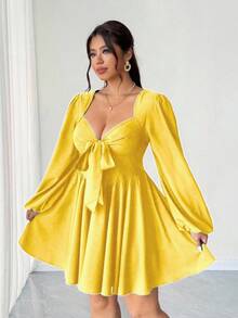 Elenzga 大码女士性感前系带露背镂空黑色迷你连衣裙，秋季 - 黃色 - 查看 5