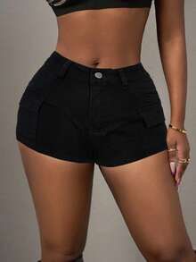 SHEIN Slayr Quần short denim siêu ngắn có túi dành cho nữ - màu đen - Xem 6