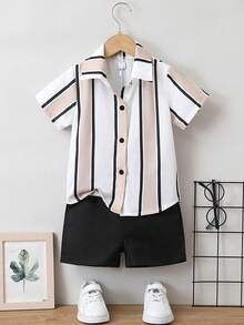 SHEIN Young Boy Color Block Striped Print Short Sleeve Shirt And Shorts Set, School, Campus, College Summer Holiday - Khaki - View 1