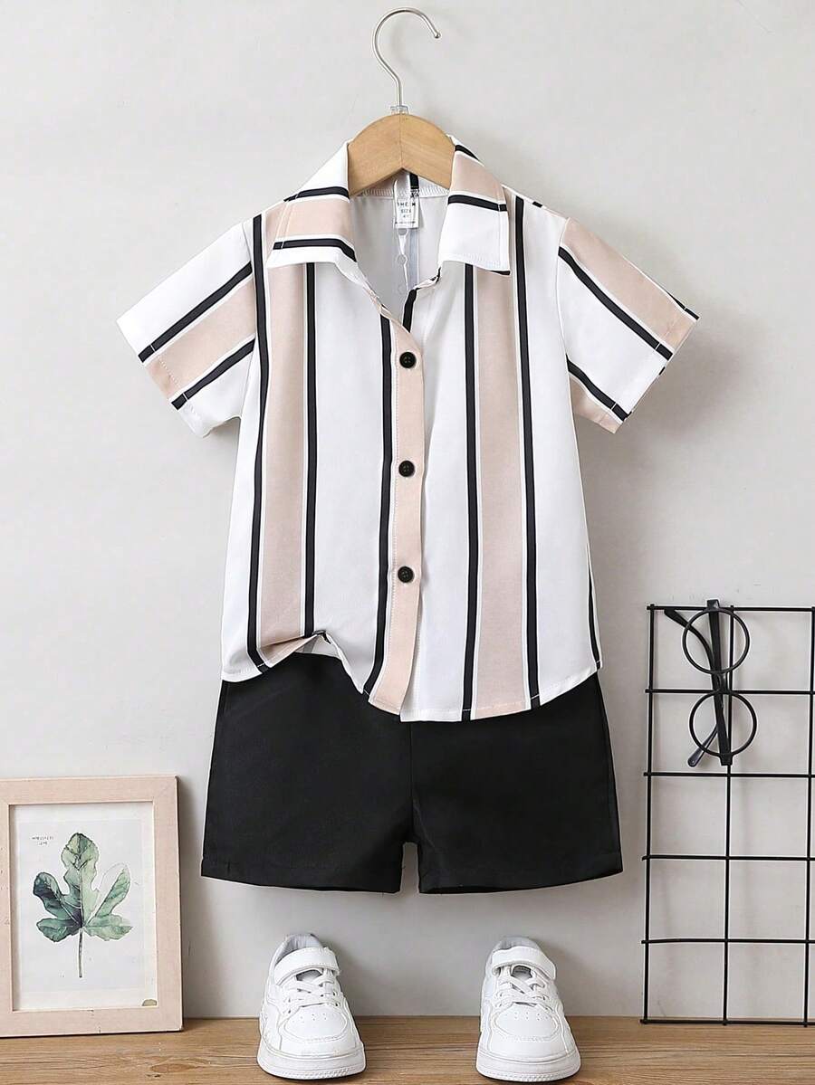 SHEIN Young Boy Color Block Striped Print Short Sleeve Shirt And Shorts Set, School, Campus, College Summer Holiday - Khaki - View 1