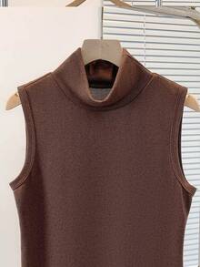 Franclia 3-częściowy dzianinowy, jednokolorowy, swobodny komplet dla kobiet, w tym kamizelka z golfem, kardigan z długim rękawem i spódnica z elastyczną talią i rozcięciem w kształcie litery A, kolor kawowy, jesień/zima - Kawowy brązowy - Zobacz 6